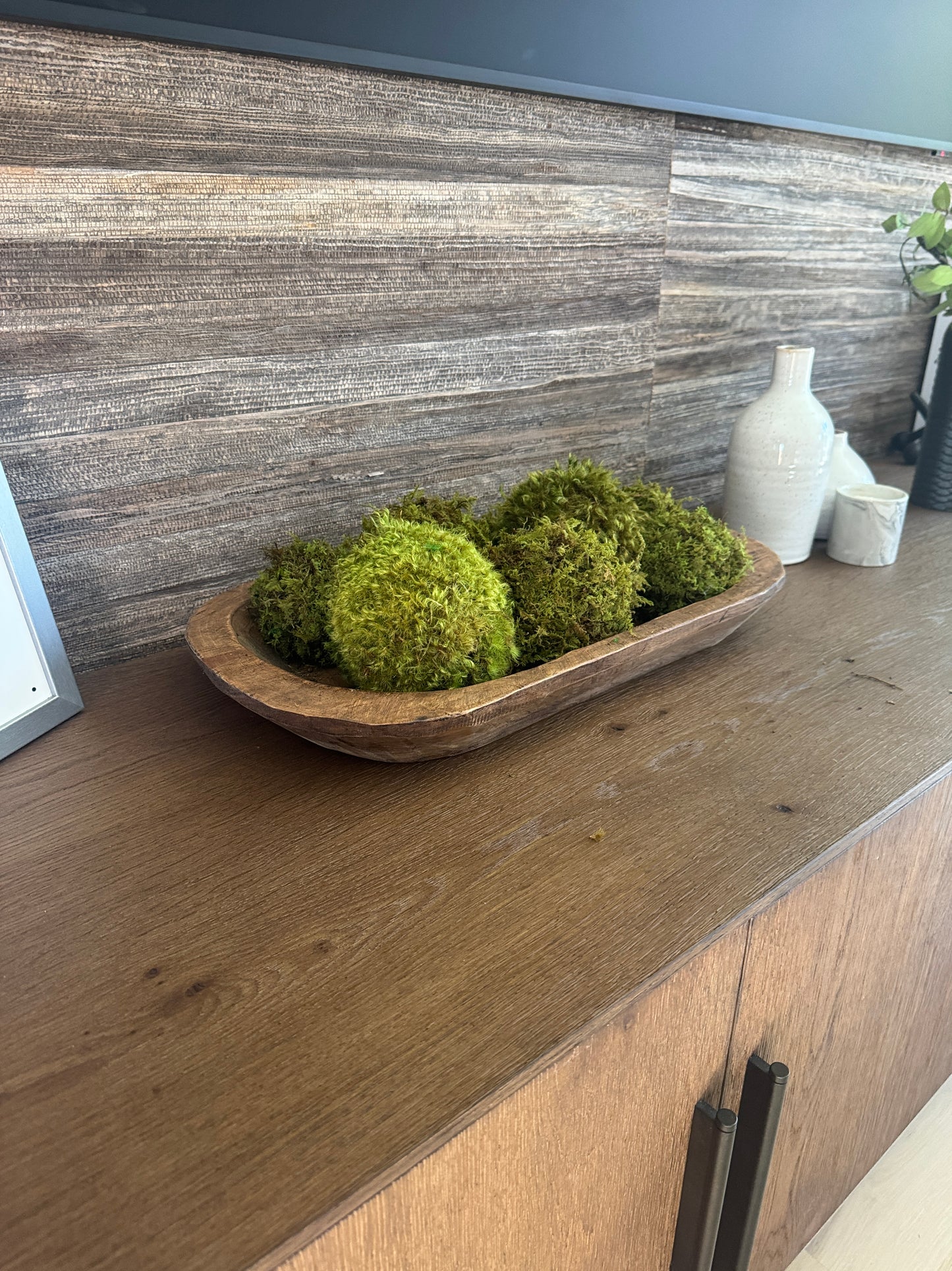 Wooden Bowl with Preserved Moss Balls