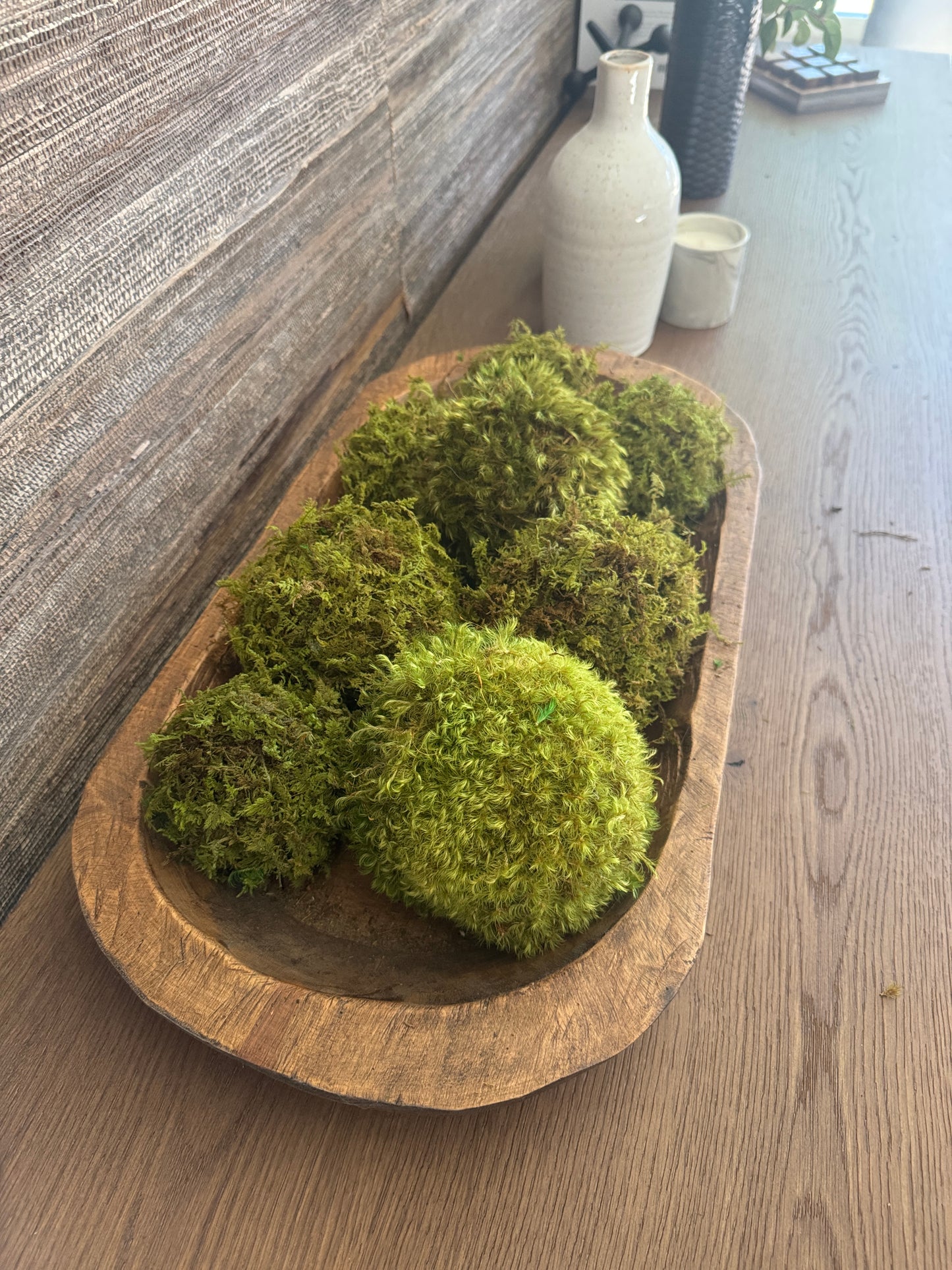 Wooden Bowl with Preserved Moss Balls
