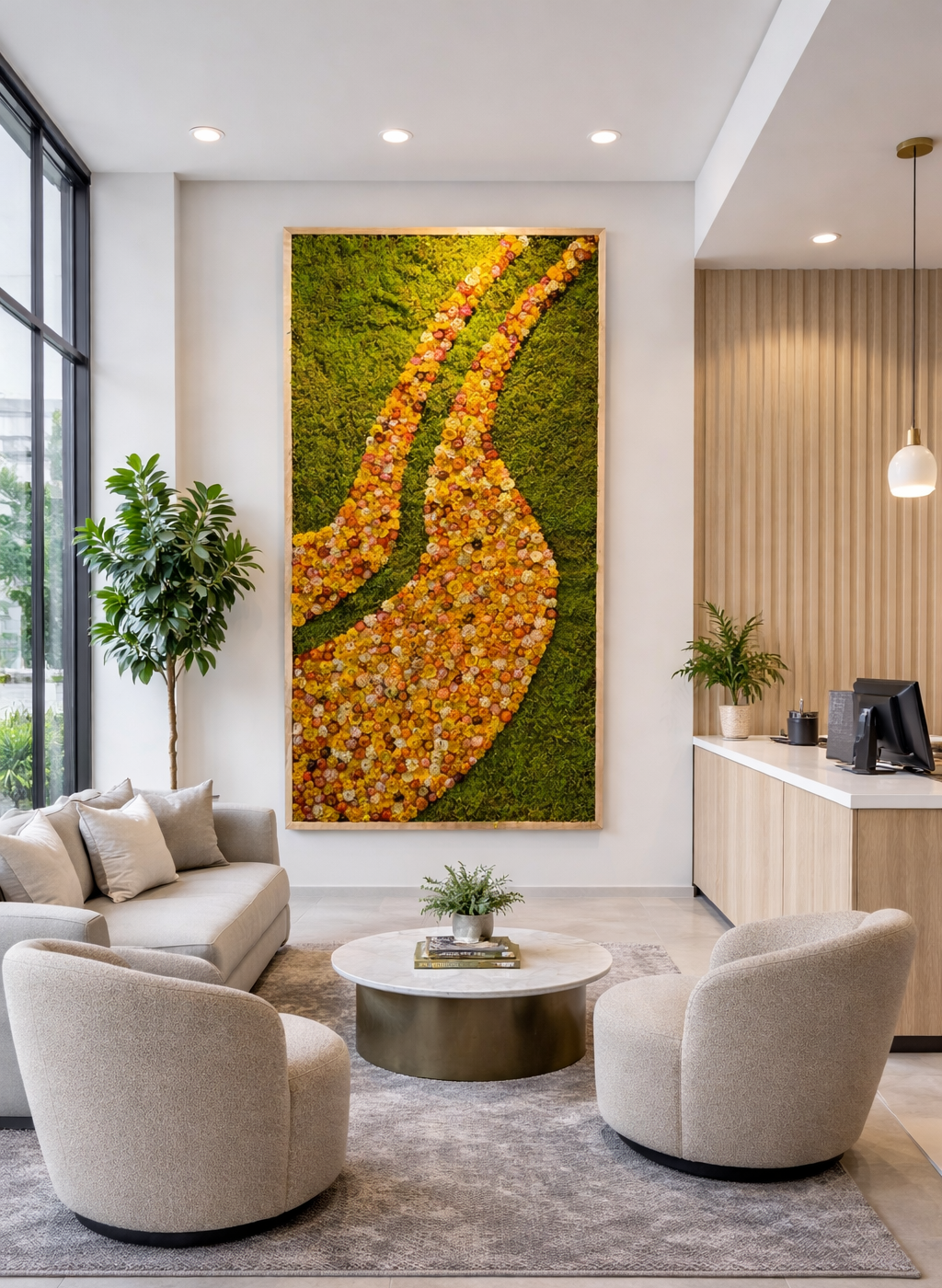 Framed preserved moss artwork hung at adult height on a bedroom wall
