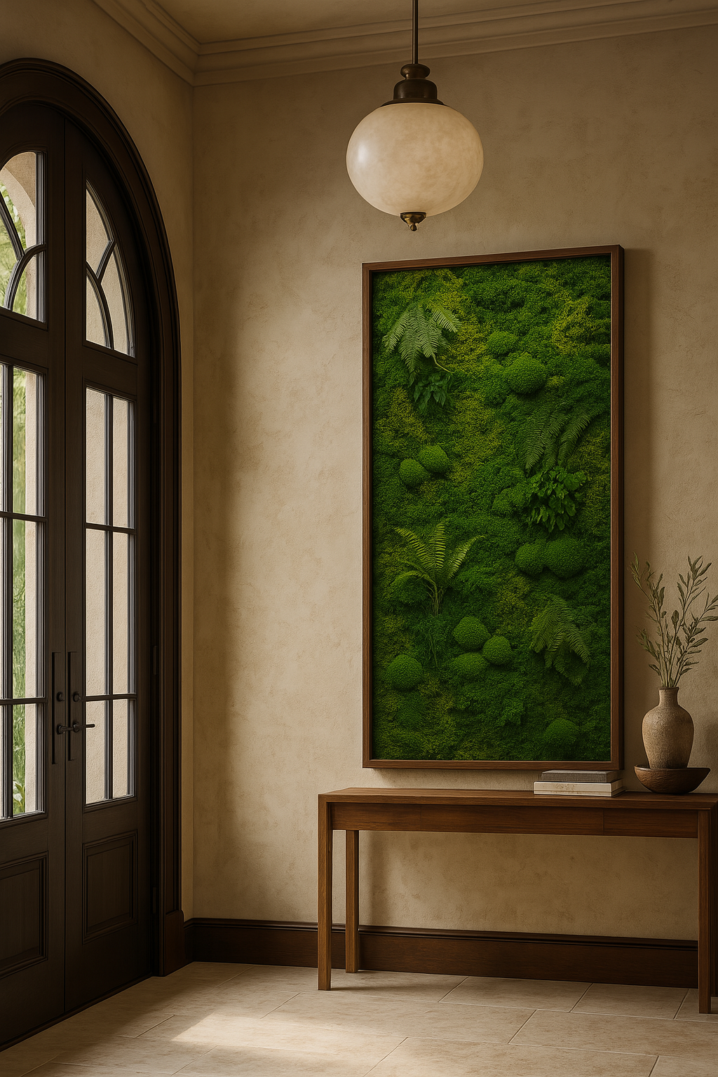 Textured preserved moss frame hung in a home interior at eye level