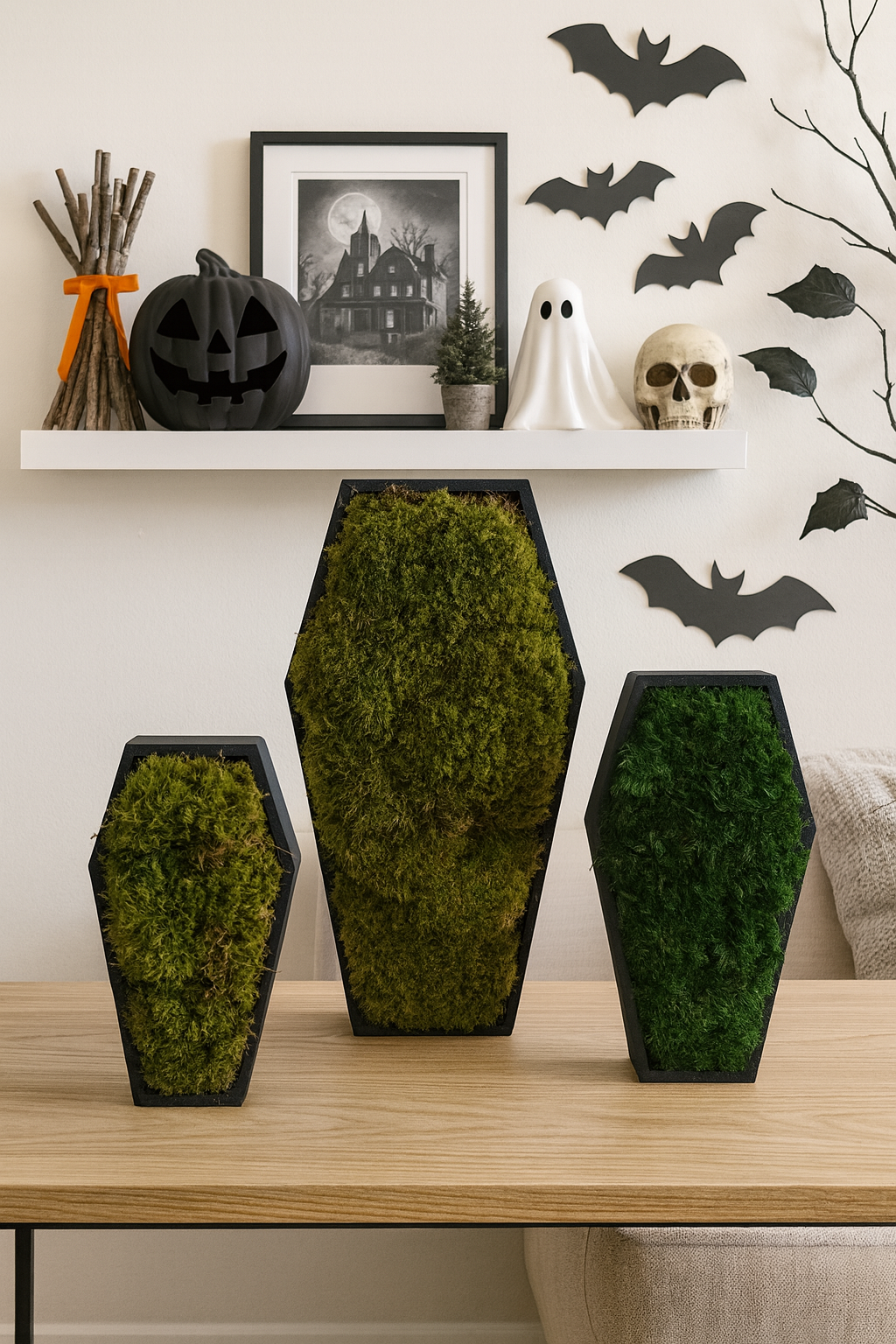 Coffin Moss Bowls – Modern Halloween Moss Décor